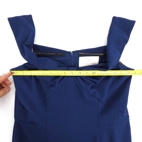 GAL MEETS GLAM Tyler Off The Shoulder Scuba Crepe Dress Midi Navy Blue Romantic - Picture 3 of 9